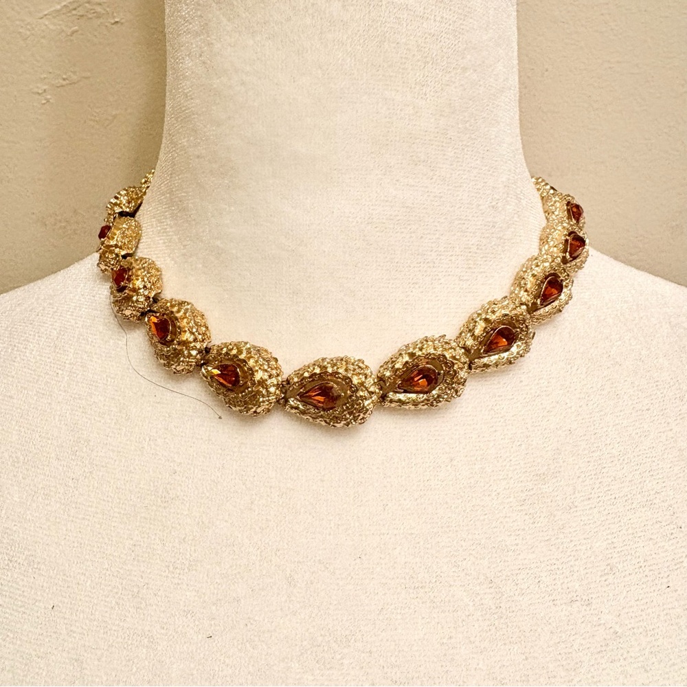 1950s Vintage Coro Necklace, Gold Tone with Red Teardrop Stones, Signed